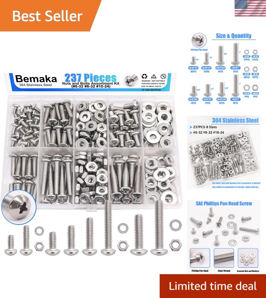 Assorted 304 Stainless Steel Bolts, Nuts & Washers Kit – 8 Screw Sizes Included