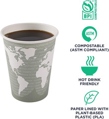 Compostable Disposable World Art 12Oz Large Coffee Cups, Case of 1000, Renewable