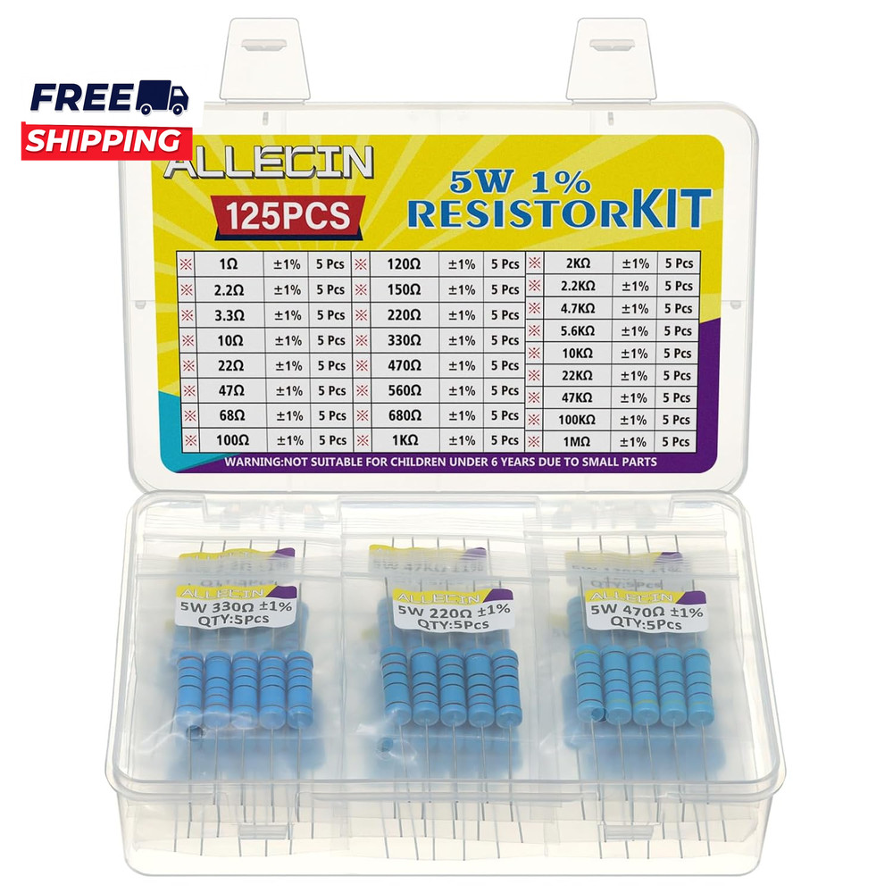 5W Metal Film Resistor Kit from 1 Ohm to 1M Ohm 25 Values 5 Watt 1% Resistors As