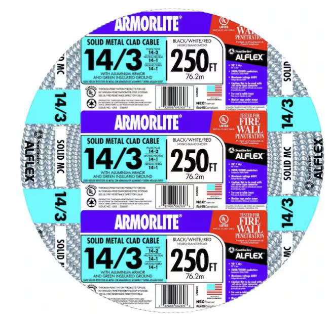 Southwire 14/3 x 250 ft. Solid CU MC (Metal Clad) Armorlite Cable #5109