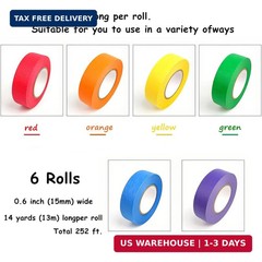 6 Rolls Colored Masking Tape，colored Red, orange, yellow, green, blue, purple