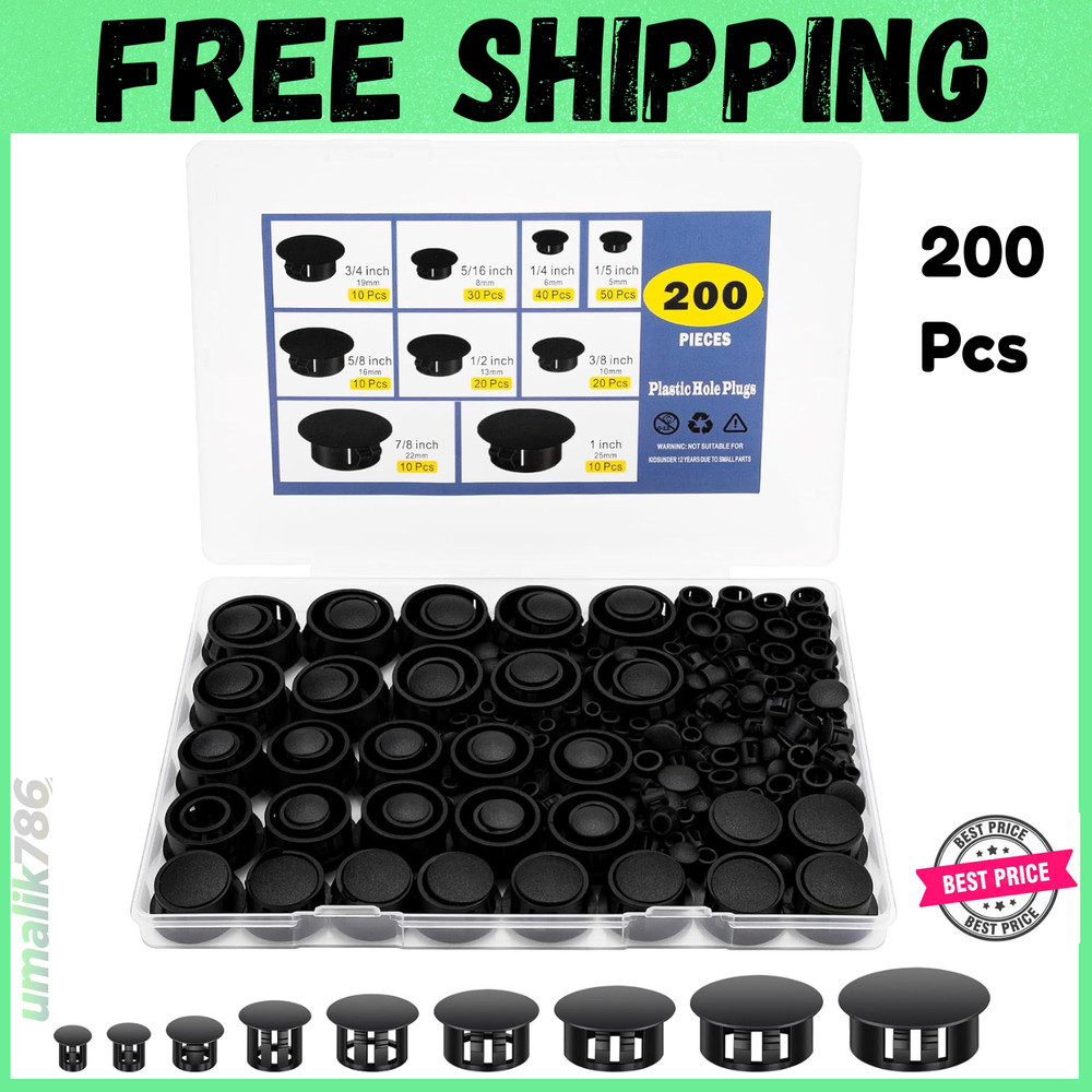 200Pcs 9 Sizes Nylon Plastic Hole Plugs Black Round Hole, Flush Type Panel