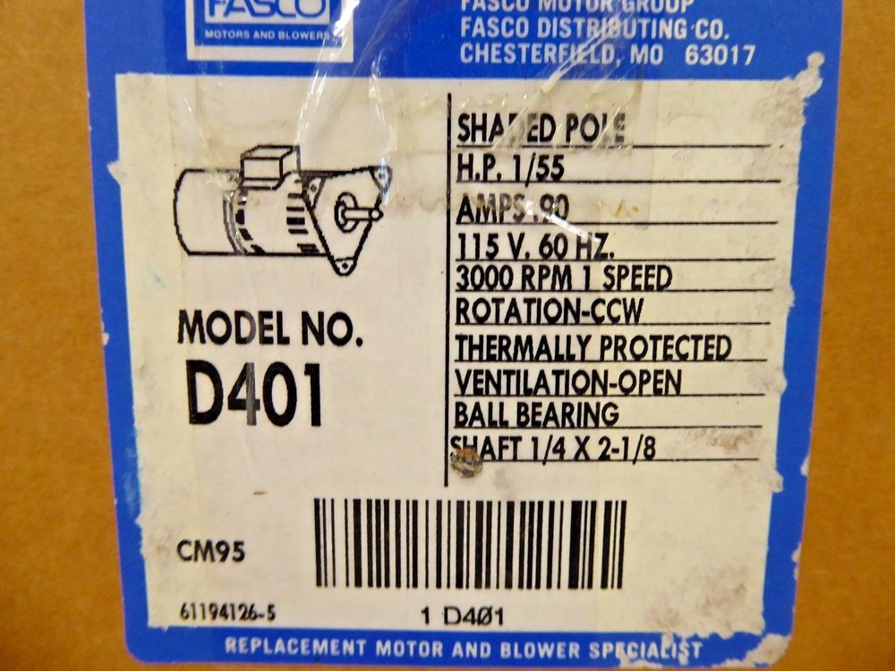 Fasco D401 Motor 1/55 HP 115V 60HZ 3000 RPM 1 Speed