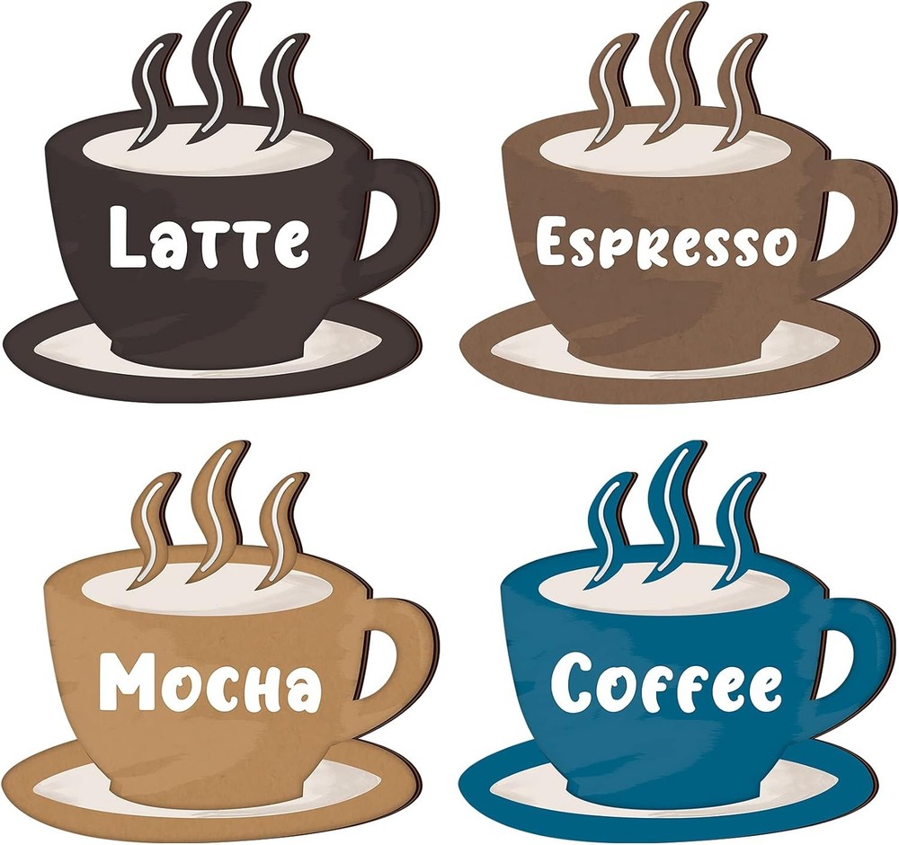 Blulu 4 Pieces Coffee Wooden Wall Art Decor Cup Signs Black