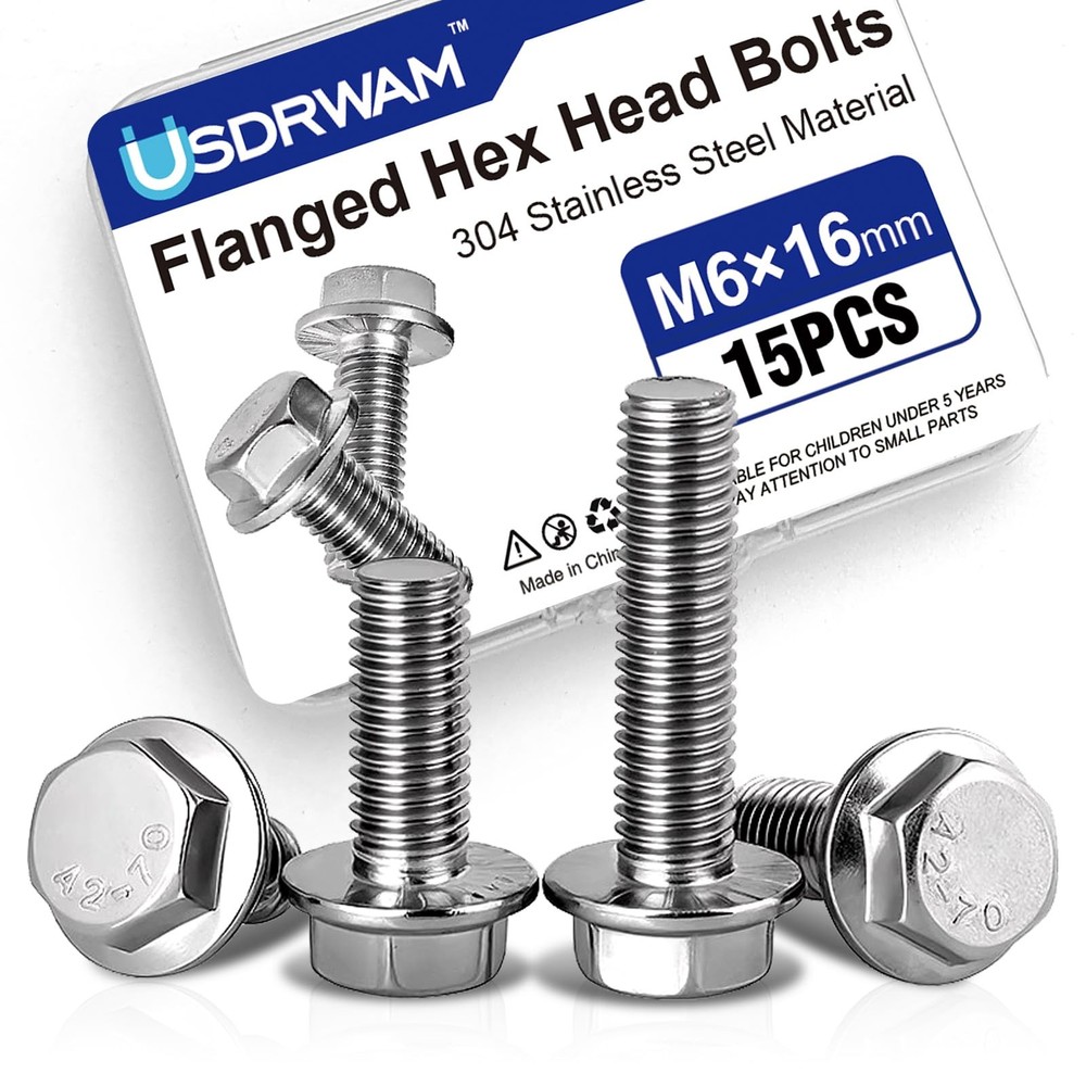15 Pack M6-1.0 × 16mm Flange Bolt, Full Thread 304 Stainless Steel M6, Silver