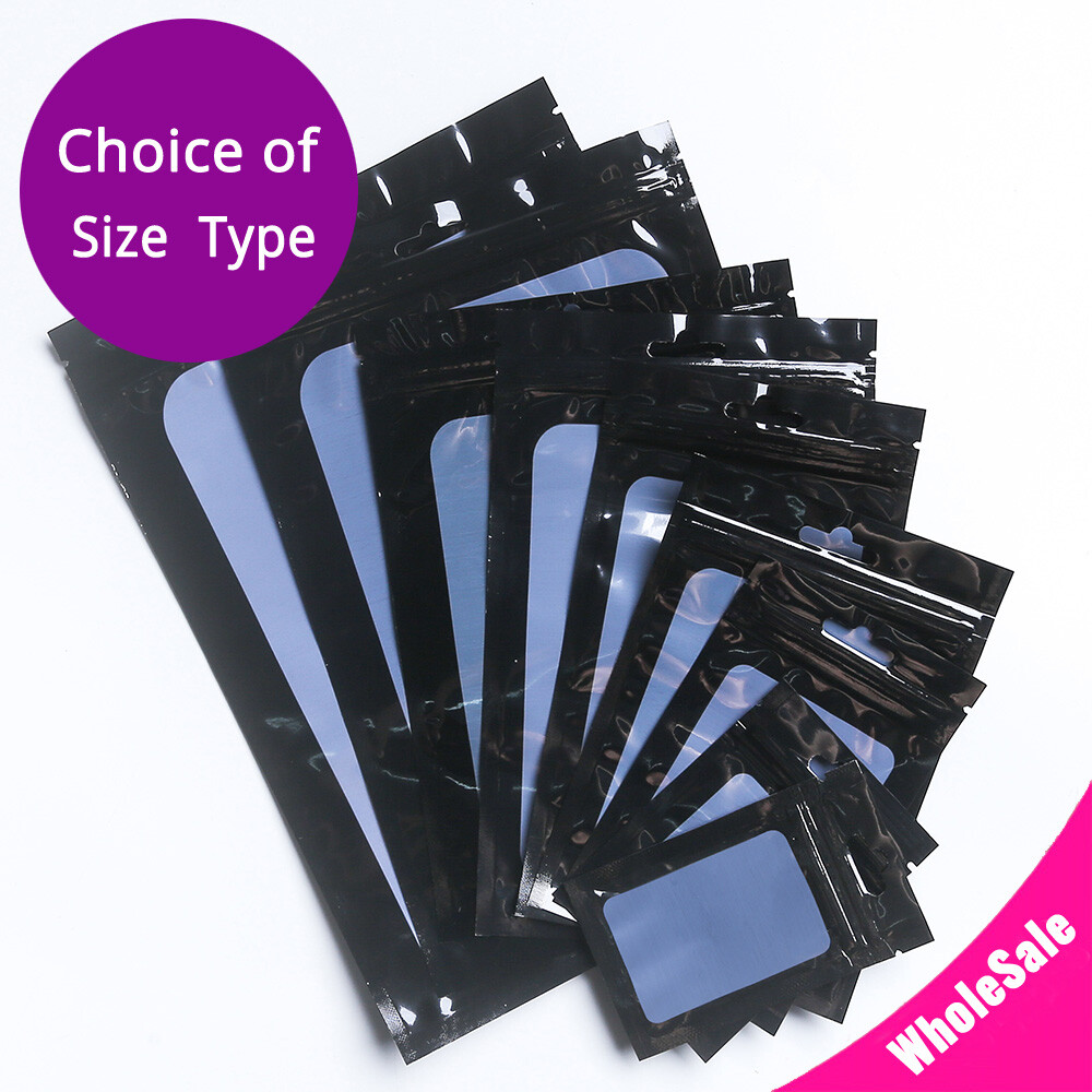 Multi-Size Double-Side Glossy Black Mylar Flat Zip Lock Bag w/Window & Hang Hole