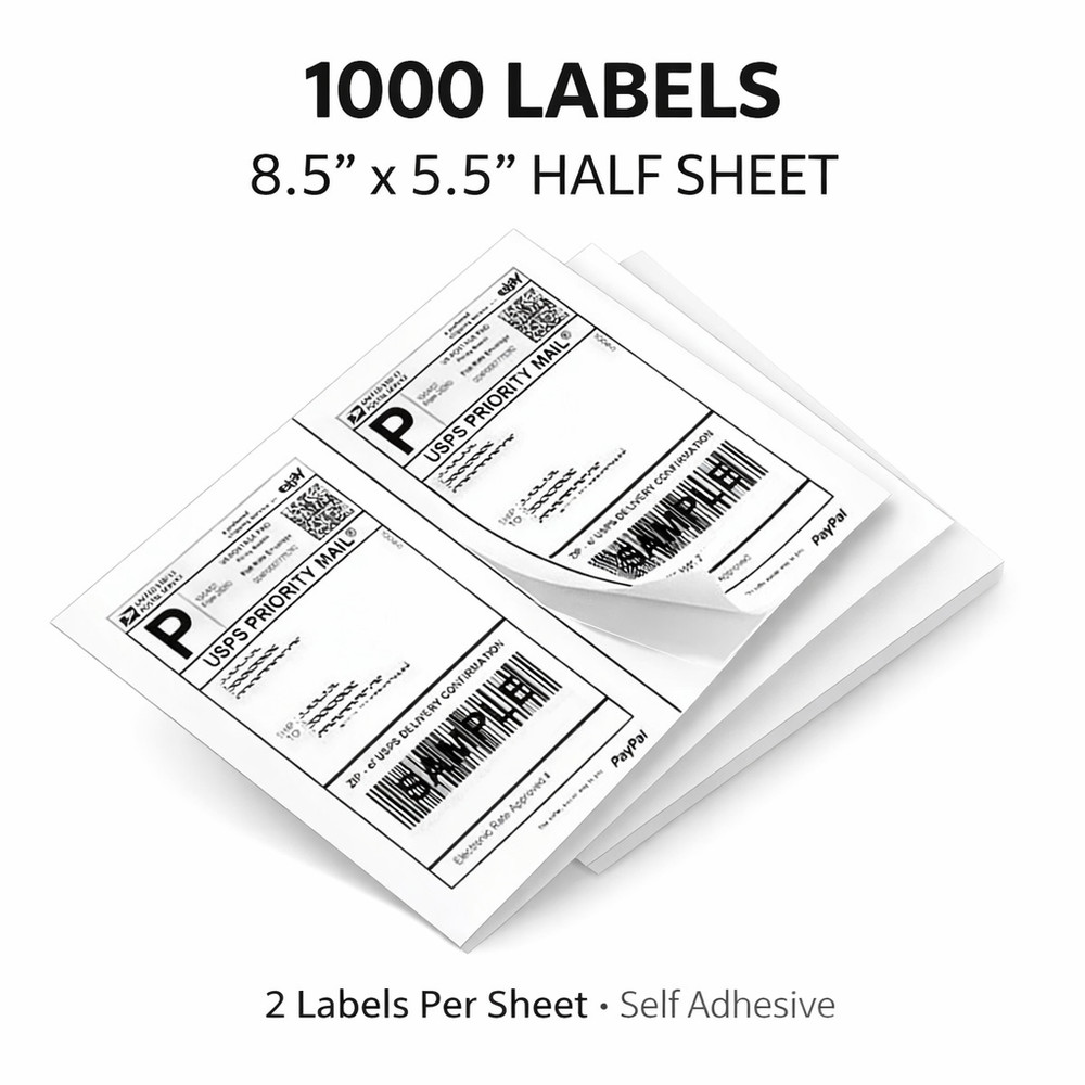 1000 Premium 8.5″ X 5.5″ Half Sheet Self Adhesive Shipping Labels –