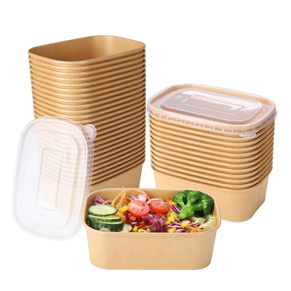 50 Sets 25oz Disposable Kraft Paper Bowls with Lids, Rectangle Paper Food Con…