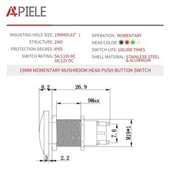 APIELE 19MM Momentary Push Button Switch Mushroom Head Push Button IP65 Water…