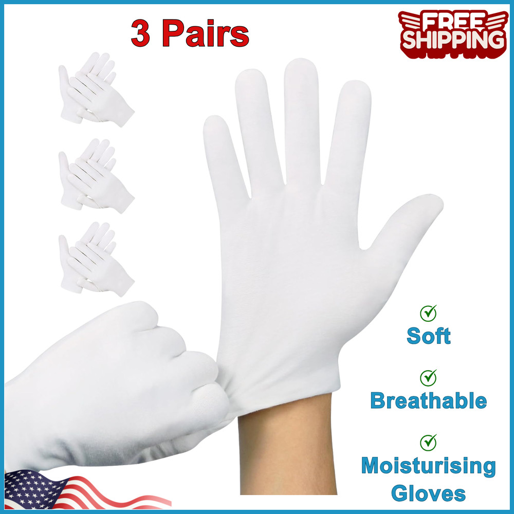 3 Pairs White Cotton Gloves For Dry Hands Sleeping,Moisturizing Spa Lotion Glove