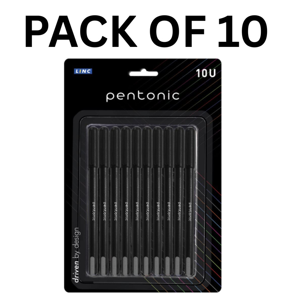Pack of 10 Pentonic 0.7mm Ball Point Pens Black Ink Black Body Smooth Pen