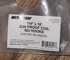 1/4″ x 10′ G30 Proof Coil No Hooks – Metal Shop MA01210 1/4″ Proof