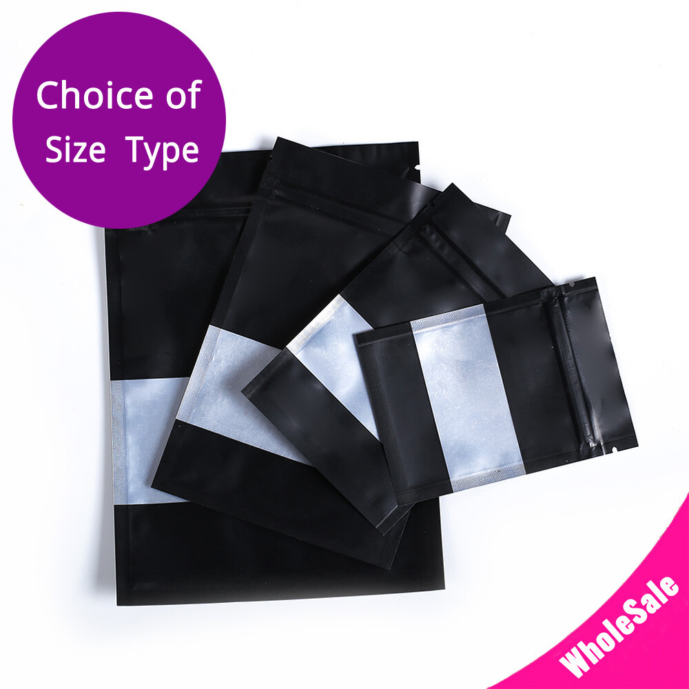 Multi-Size Silver Inside Matte Black Aluminium Mylar Zip Lock Bag w/Window B02