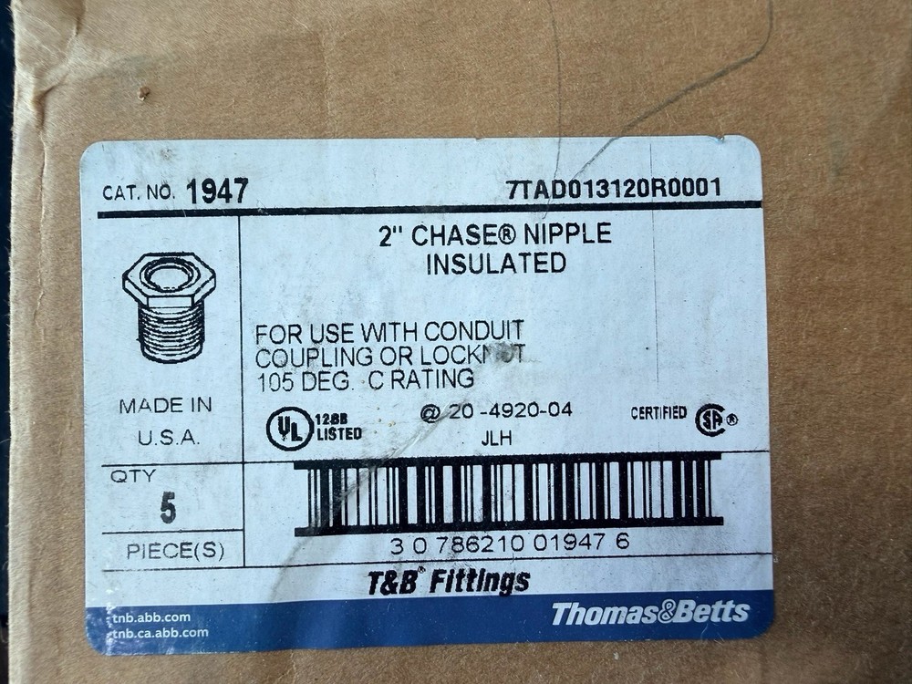 Box of 5 Thomas & Betts 1947 Conduit Nipple 2″ Nylon Insulated Chase Nipple