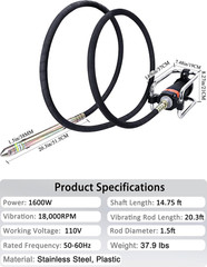 Concrete Vibrator, 1600W 2HP 18000RPM, 14-3/4Ft Flexible Shaft, Electric Concret