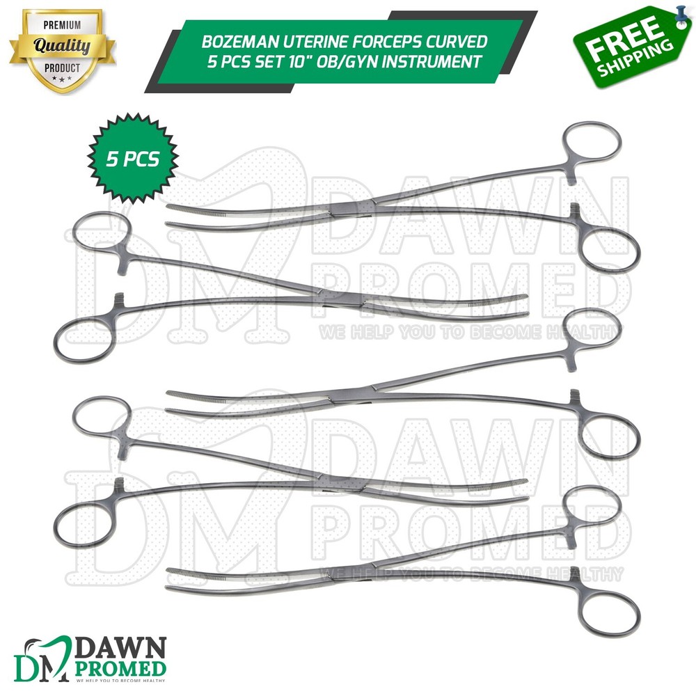 Bozeman Uterine Forceps 5 Pcs Set 10″ Curved OB/GYN Surgical Inst German Grade