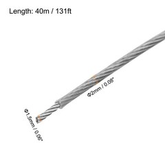 131Ft(40M) Wire Rope 304 Stainless Steel Cable 1/12″ 6pcs Sleeve Clear