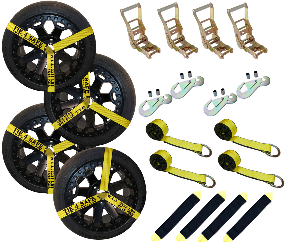 4 Sets 2″ x 10′ Ratchet w/Flat Snap Hook Wheel Lift Lasso Strap Tow Truck Towing
