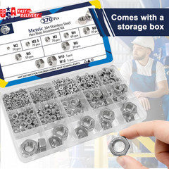 370 Pcs Metric Hex Nuts Assortment Kit, M2 M2.5 M3 M4 M5 M6 M8 M10 M12, 304 Stai