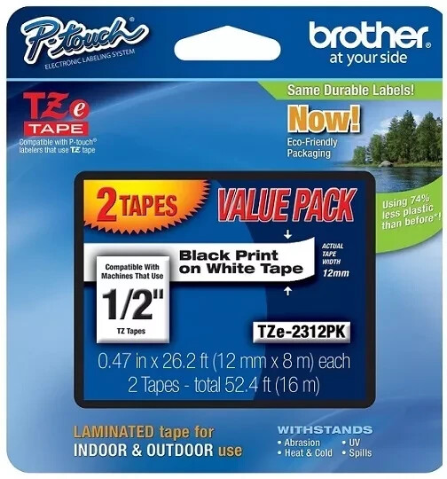 2-PACK – Genuine Brother TZe-2312PK – 12mm 1/2″ Black on White P-Touch TZ tape