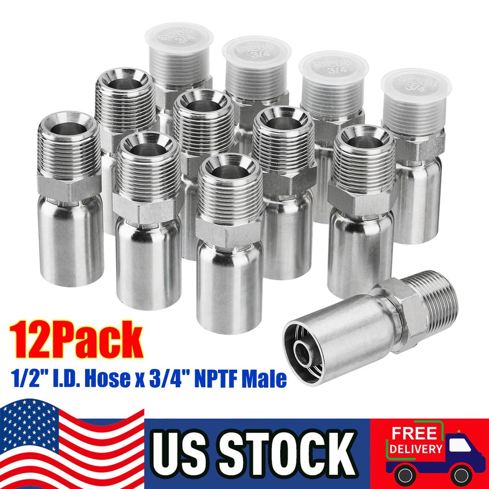 12 Pack 1/2″ NPTF Hydraulic Hose End Fittings, 1/2″ I.D. Hose x 3/4″ NPTF Male