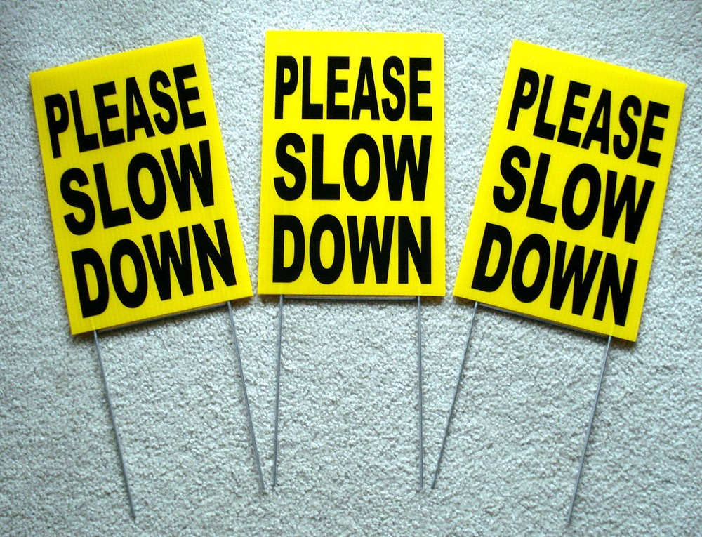 (3) PLEASE SLOW DOWN Coroplast SIGNS with stakes 8″ x 12″ Children Safety Sign