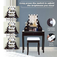 2-Piece Brown Makeup Vanity Set 10 Dimmable Bulbs Makeup Dressing Desk