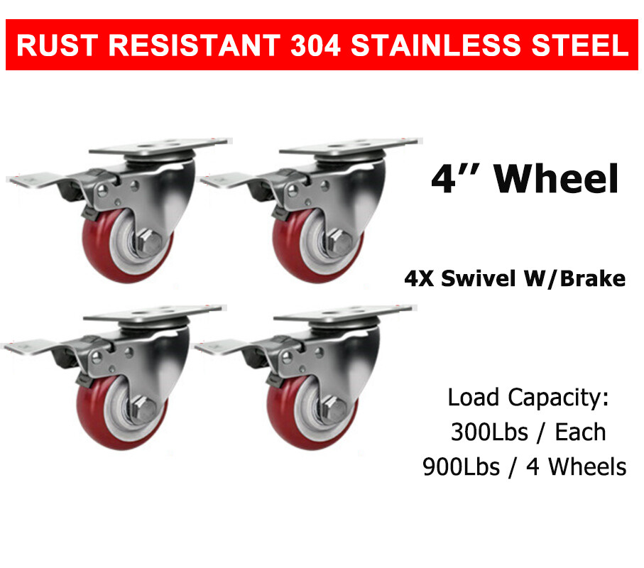 4 Pcs 4” Stainless Steel Swivel With Brake Caster Wheel Red Poly Casters Wheels