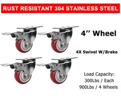 4 Pcs 4” Stainless Steel Swivel With Brake Caster Wheel Red Poly Casters Wheels