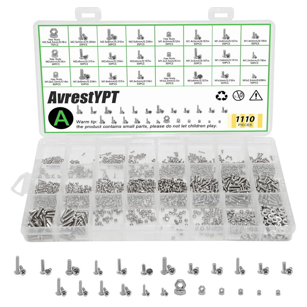 1110Pcs 304 Stainless Steel Metric Micro Screws Nuts Assortment, M1 M1.2 M1.4 M1
