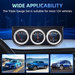 2inch 52mm Triple Gauge Set, Oil Pressure Gauge Water Temp Temperature Ammete…