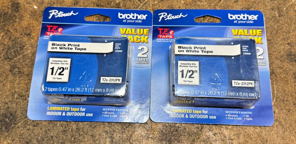 2 Brother 2 Pack TZe-2312PK – 1/2″ Black on White P-Touch TZe Tape Sealed (NEW)