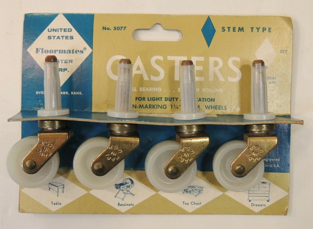 VTG MCM New NOS United States Floormates Casters Made USA Stem Type 5077 Wheels