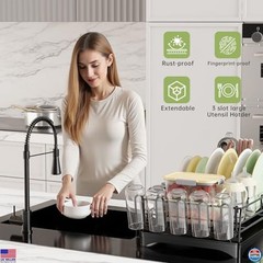Dish Drying Rack Expandable, Large Sink Dish Rack with Utensil Holder and