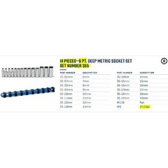 Wright Tool 355 3/8″ Drive 6-Point Deep Metric Socket Set. 14-Piece on Clip Rail