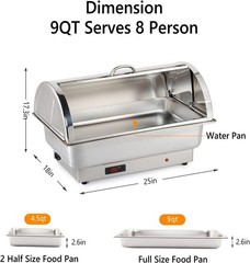 Electric 9 QT Chafing Dish Buffet Set, NSF Stainless Steel Roll Top Food Warmer