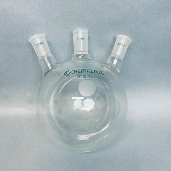 Chemglass Round Bottom Flask 3 Neck 2000 ml with 24/40 Joints Angled