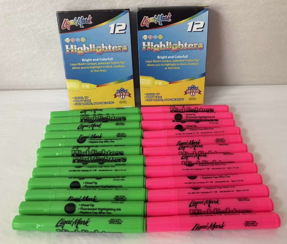 Liqui-Mark Pink Green Chisel Tip Highlighters Fluorescent Non Smearing 24-PACK