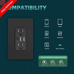 TOPELER Black USB Wall Outlet, 6.0Amp Electrical Socket with 15 Amp,