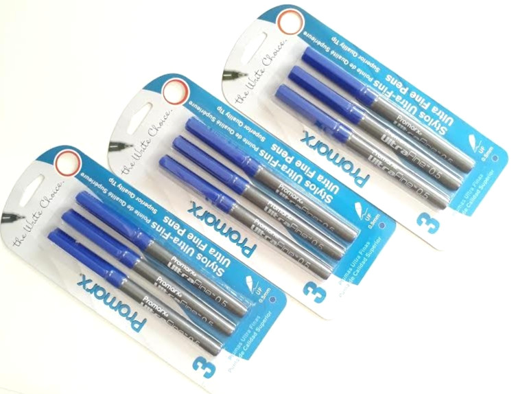 3 PACKS 9 PENS Promarx® ULTRA FINE PENS PRECISE AND VIVID LINES BLUE INK 0.5mm
