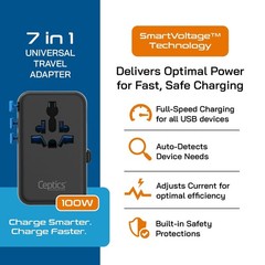 Ceptics GAN 100W Universal Travel Adapter with Retractable USB-C Cable, 2X US…