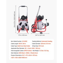 Uimoso Drain Cleaning Machine 100 FT x 3/8 In with Auto Feed,Wheels & 8 Cutters