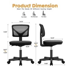 Home Office Mesh Desk Chair, Small Space, Armless Rolling Chair for Adults