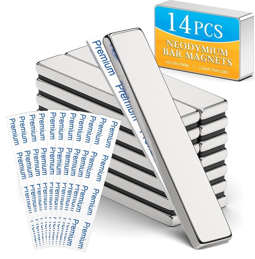 14 Pack Powerful Neodymium Bar Magnets, 60 x 10 x 3 mm Rare Earth Magnet Bar