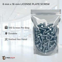 License Plate Screws – Slotted Hex Head – Metric – 6mm x 16mm (100 per box)
