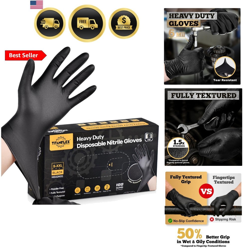 Heavy Duty Black Nitrile Gloves, 6 Mil, Fully Textured, Mechanic Disposable G…