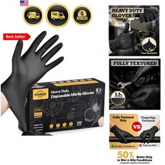 Heavy Duty Black Nitrile Gloves, 6 Mil, Fully Textured, Mechanic Disposable G…