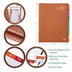 Monthly Planner Jul 24-Dec 25 Leather Cover Twin-Wire 18 Month Planner, Brown