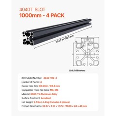 4PCS 39.4 in (1000 mm) T Slot 4040 Aluminum Extrusion Anodized Linear Rail
