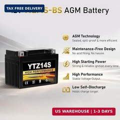YTZ14S 12V 11.2Ah AGM Sealed Motorcycle Battery, Maintenance-Free, Compatible wi